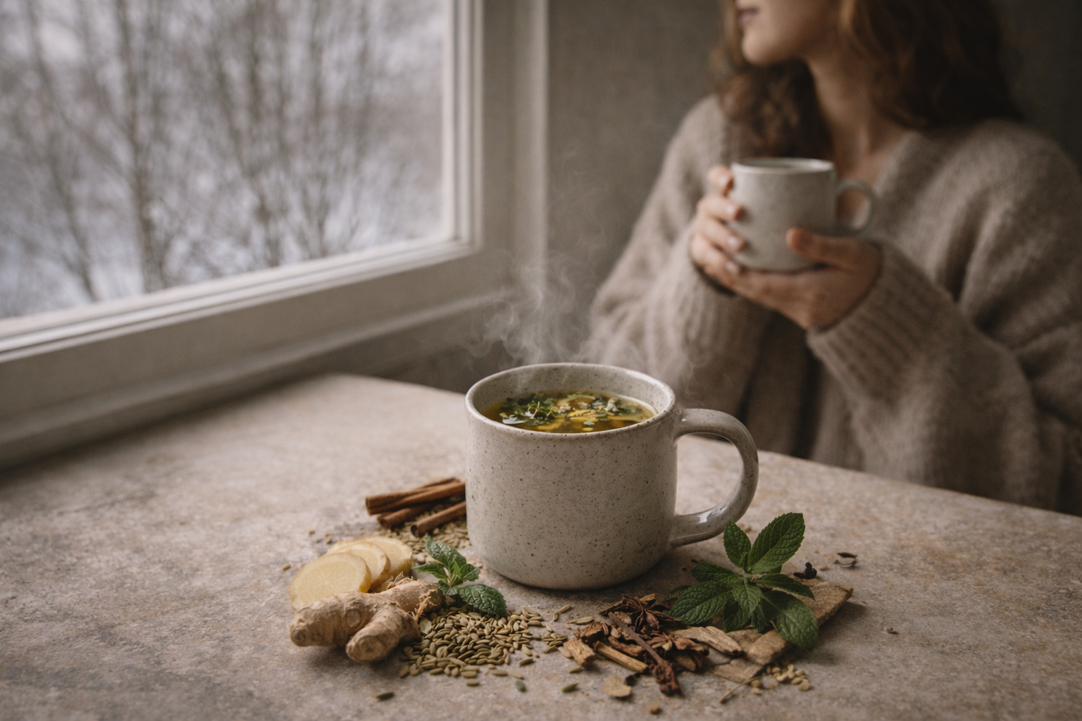 Herbal detox tea steaming by a winter window with ginger, fennel, and basil, creating a calm winter wellness ritual indoors