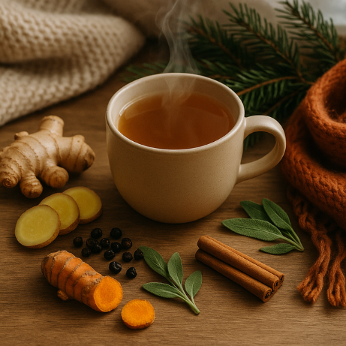 Herbal tea with ginger and lemon for winter immunity support