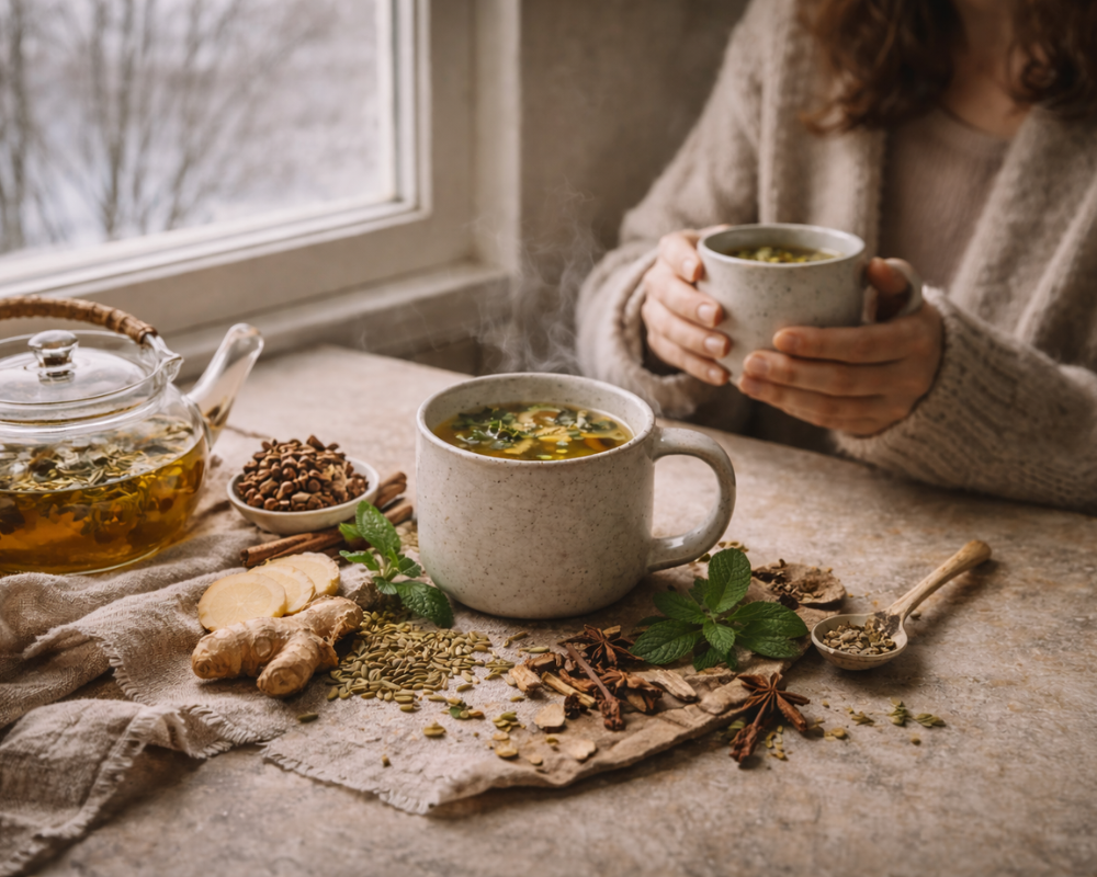 Calm winter wellness scene with steaming herbal detox tea, natural spices, and soft daylight by a window